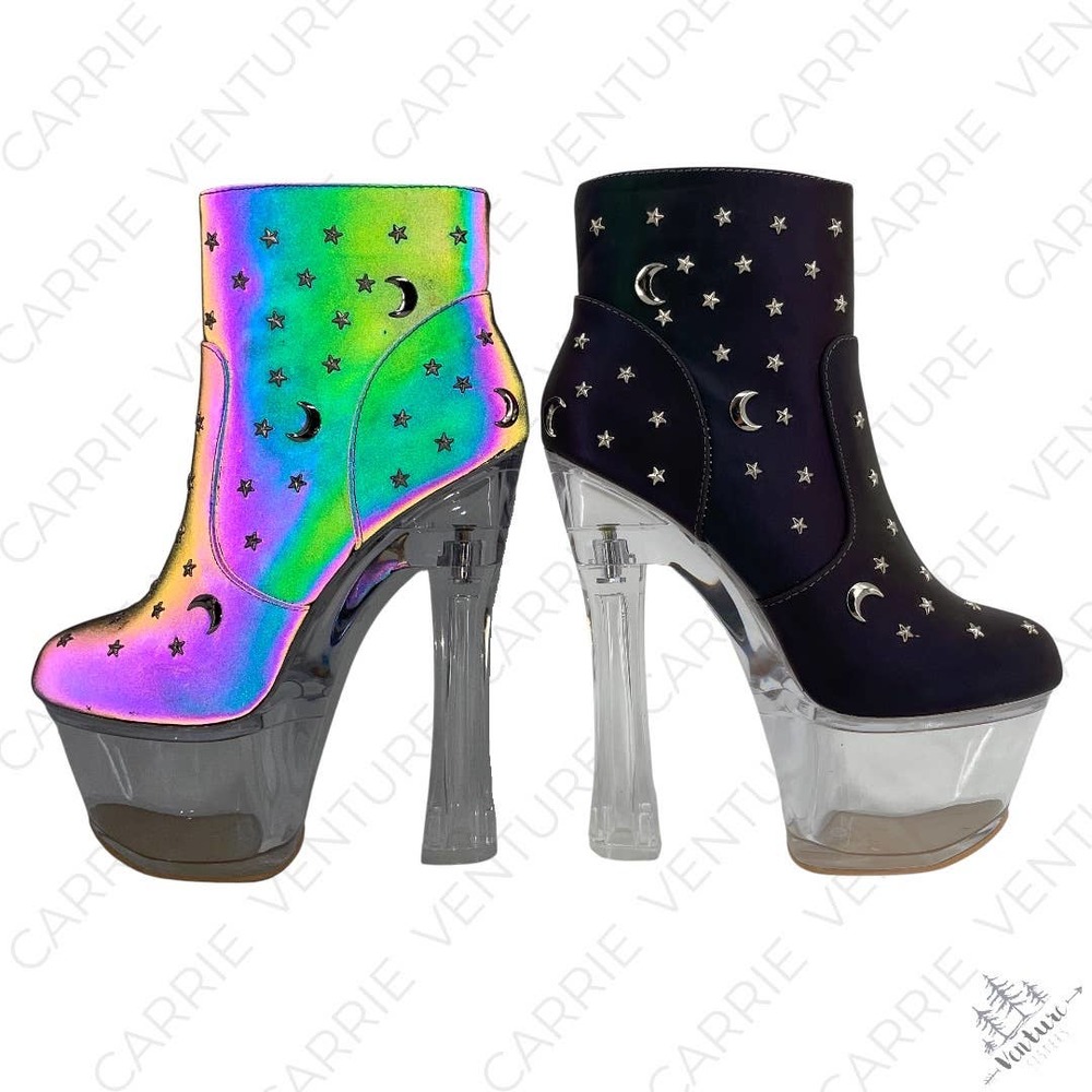 Exotic Cosmic Reflective Heels Celestial Moon Stars Clear Platform Dancer Boots